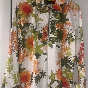 Floral Jean Jacket - White, Green, Orange